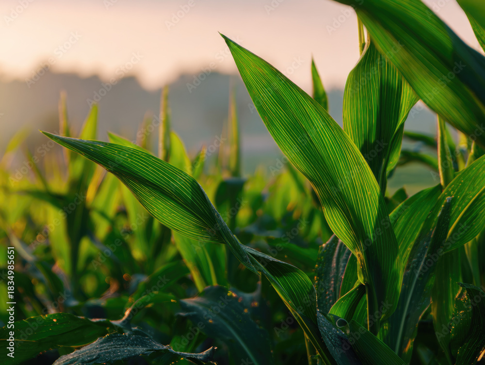Naklejka premium healthy green corn or maize leaves at agriculture plantation corn field beside agriculture farm.