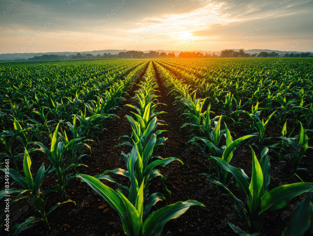 Naklejka premium healthy green corn or maize leaves at agriculture plantation corn field beside agriculture farm.