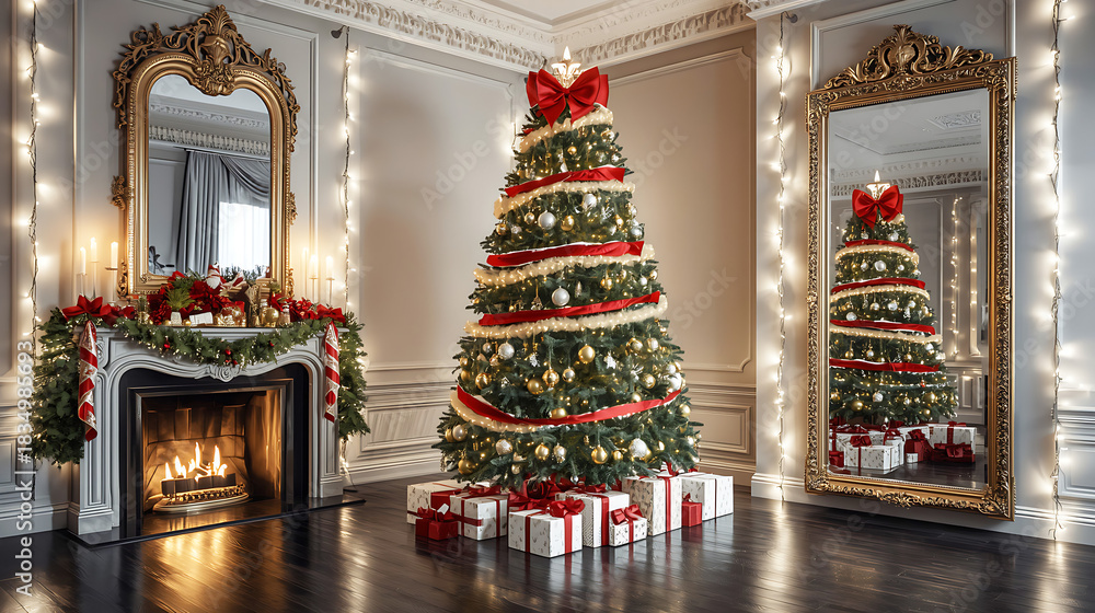 Fototapeta premium Red gold decorated christmas tree