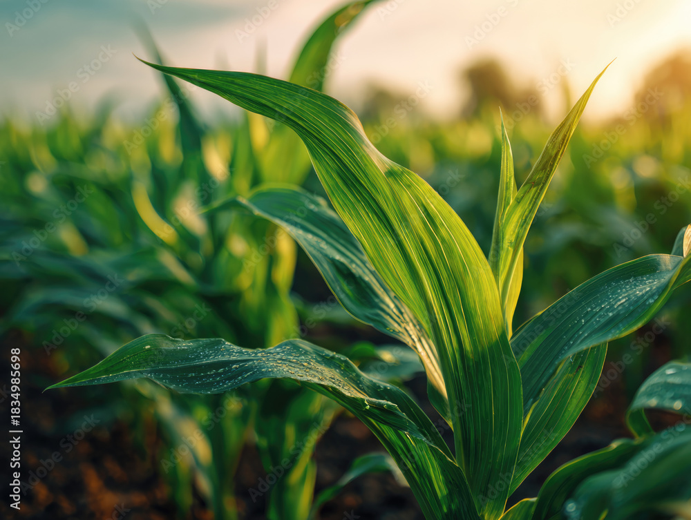Naklejka premium healthy green corn or maize leaves at agriculture plantation corn field beside agriculture farm.