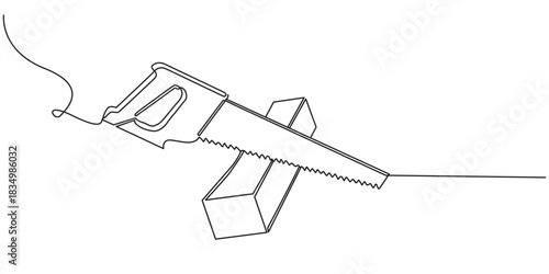 Hacksaw, wood saw, carpentry tools one line art. Continuous line drawing of repair, professional, hand, people, concept, support, maintenance.