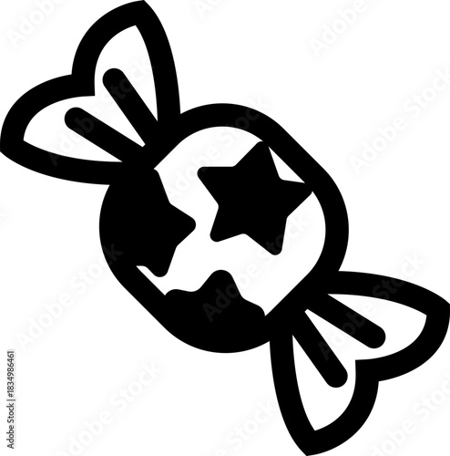 Candy sweets icon in black flat line style featuring confection, dessert, treat, bonbon, sugar, snack and related synonym elements for holiday graphics, packaging, party design and decoration