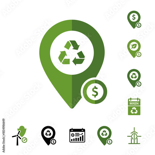 Green Recycling Location Pin with Dollar Sign Icon.