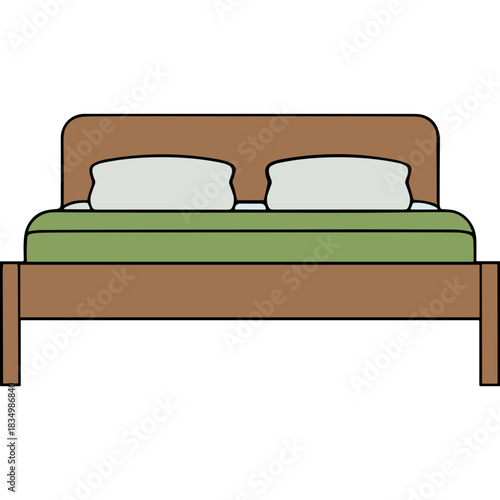 Minimalist Illustration of a Double Bed with Green Bedding and Two White Pillows Against a Black Background Simple Furniture Design Cozy Bedroom Element Isolated on Solid Color