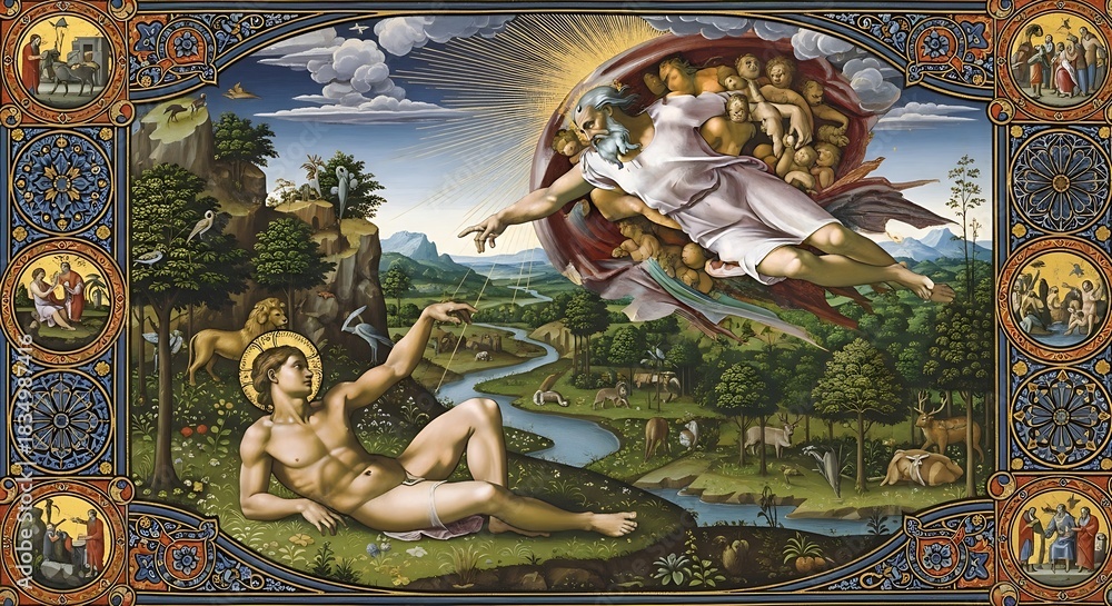 Obraz premium Divine touch brings life to the first man in a vibrant landscape.