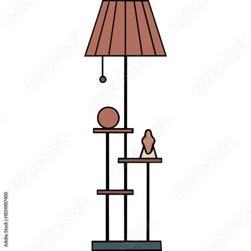 Minimalist floor lamp with textured shade and playful accents including a sphere and a small figurine on tiered shelves against a dark background