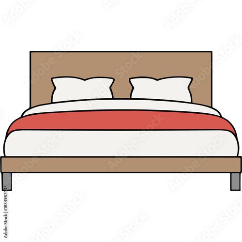 Minimalist Double Bed With Headboard In Neutral Tones Featuring Crisp White Linens And A Coral Accent Blanket On A Black Background