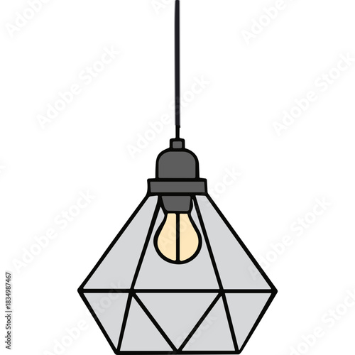 Minimalist geometric pendant light fixture with clear glass shade and exposed Edison bulb hanging from a dark cord against a black background creating a modern industrial aesthetic