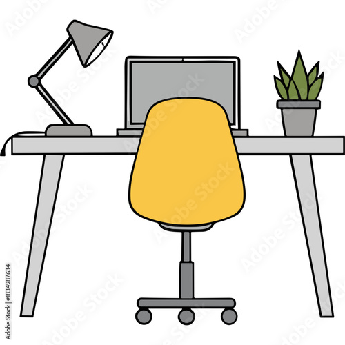 Minimalist Home Office Desk Setup with Yellow Chair Laptop Lamp and Potted Plant on Black Background Simple Flat Design Illustration