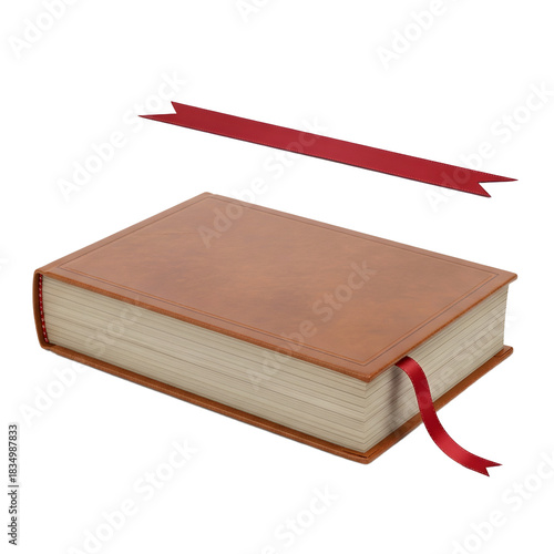 Closed book with brown cover and red ribbon bookmark isolated on white.