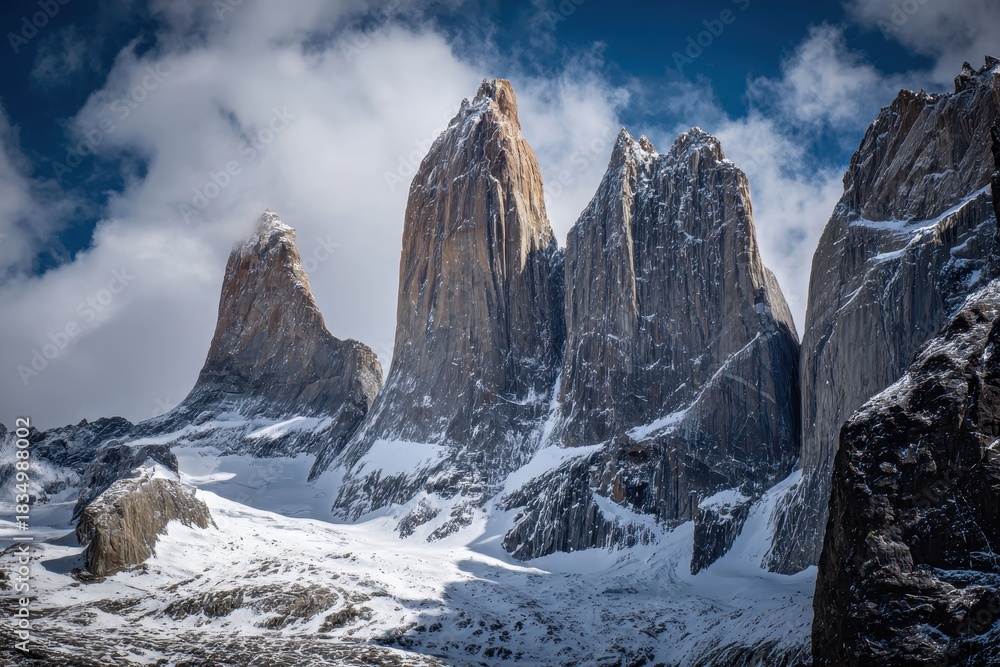 Obraz premium Breathtaking view of the three towers in Torres del Paine National Park showcasing towering granite peaks under a brilliant sky