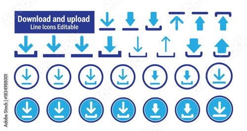 Blue Download and Upload Icon Set. Vector Arrow and Round Buttons.