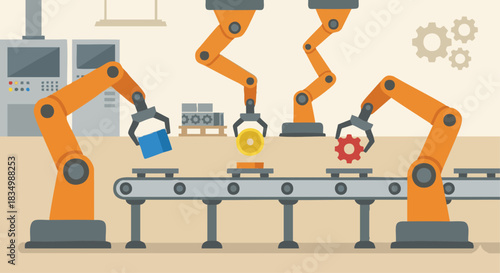 “Robotic assembly line with multiple robotic arms placing components, flat solid-color style, simple factory elements.”