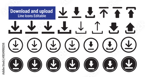 Download and Upload Icon Set. Solid and Outline Round Buttons.

