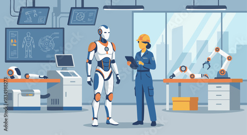 “Flat vector of a humanoid robot standing next to a technician holding a tablet, solid colors, modern robotics lab environment.”
