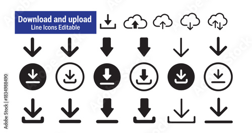 Download and Upload Icon Set. Cloud, Arrow, and Circle Buttons.
