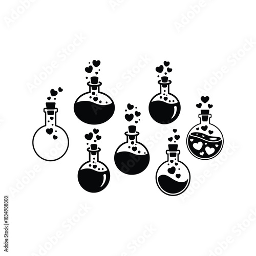 Love Potion Bottles With Floating Heart Bubbles.