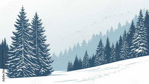 Snowy forest landscape with evergreen trees on a winter day