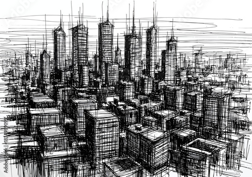 Abstract black and white ink sketch of a dense highrise city skyline viewed from above
