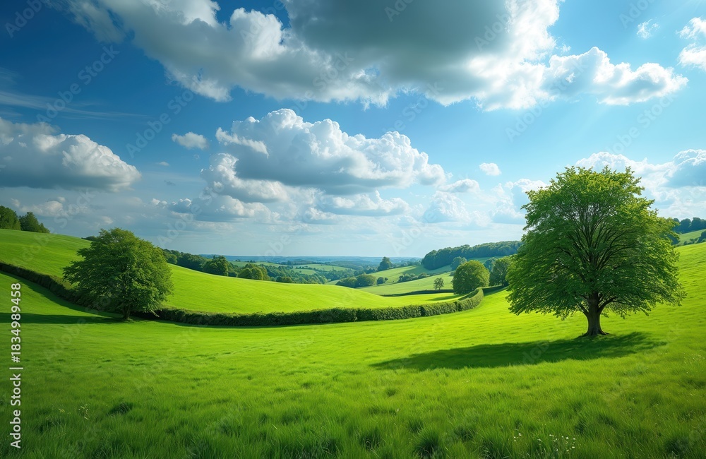 Obraz premium Green rolling hills under blue sky with fluffy white clouds in rural UK. A mature tree casts a long shadow across a vibrant grassy meadow in the countryside.