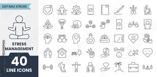 Stress Management line icons set with editable stroke. Containing. Vector illustration