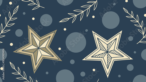 Elegant celestial pattern with stars, branches, and dots on navy backdrop