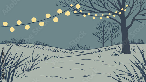 A winter scene with a path and trees adorned with string lights