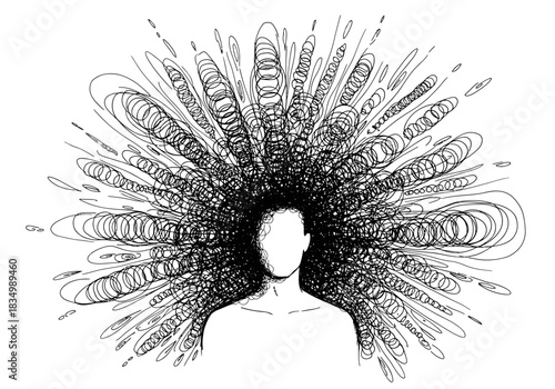 Black and white abstract illustration of a faceless bust with chaotic explosive hairlike lines