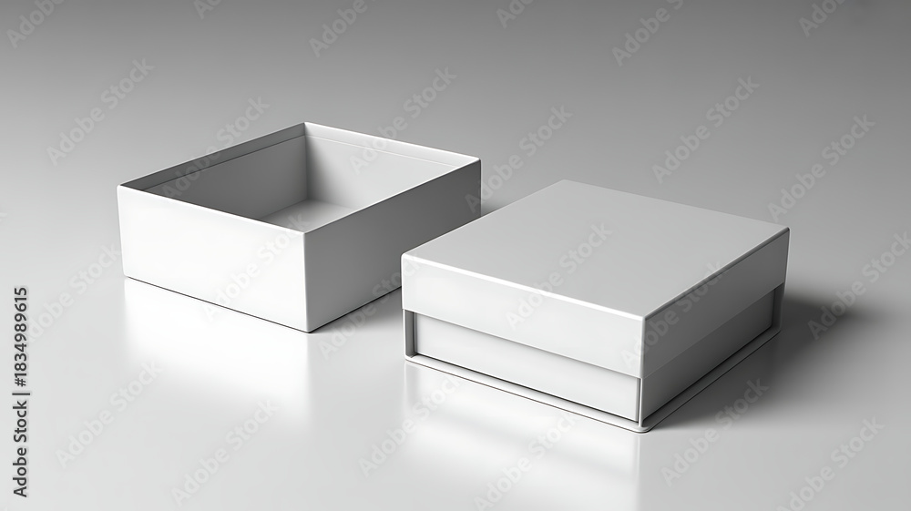 Fototapeta premium Two white cardboard boxes, one open and one closed, on a light surface, isolated on white background