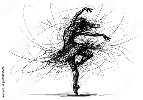 Black and white abstract sketch of a female ballet dancer en pointe with swirling lines