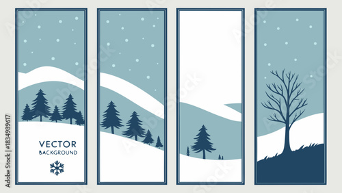 Winter landscape vector background with trees and snow hills