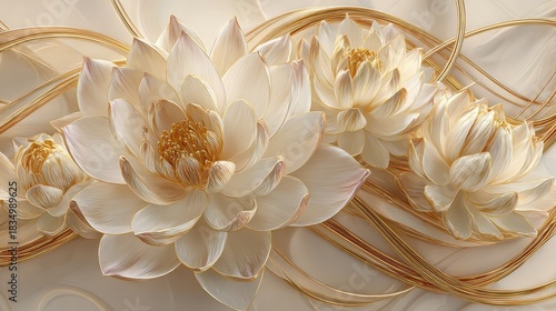 Elegant Floral Composition Featuring White Lotus Flowers and Gold Accents on a Cream Background