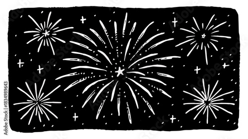 Illustration of fireworks exploding in the night sky with stars