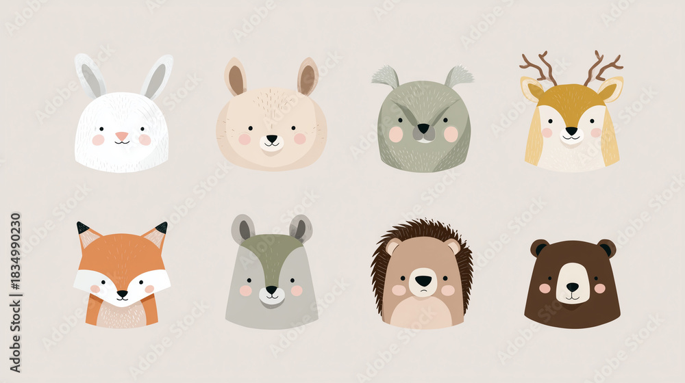Fototapeta premium かわいい森の動物たちの顔を描いたキャラクターイラストセット