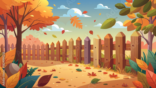 weathered wooden fence bordered by scattered multicolored autumn leaves covering the ground. A serene fall scene highlighting earthy textures, warm hues, and the soothing beauty of seasonal landscapes