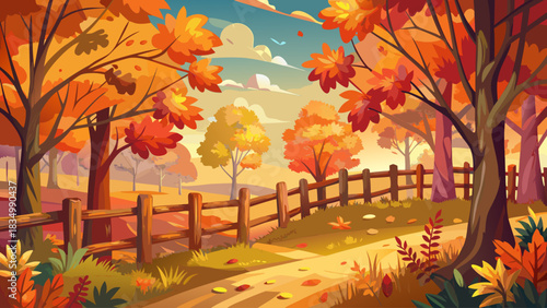 A rustic wooden fence surrounded by a vibrant carpet of autumn leaves in rich warm colors. A peaceful fall landscape capturing seasonal charm, natural textures, and the cozy atmosphere of autumn