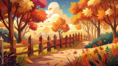 A rustic wooden fence surrounded by a vibrant carpet of autumn leaves in rich warm colors. A peaceful fall landscape capturing seasonal charm, natural textures, and the cozy atmosphere of autumn