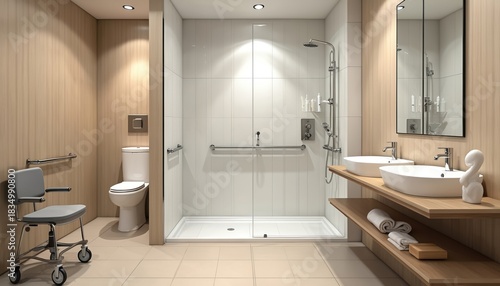 Wallpaper Mural Modern bathroom design with accessibility features. It includes grab bars a roll in shower lowered sink. Accessible for those with mobility issues or impairments. Torontodigital.ca