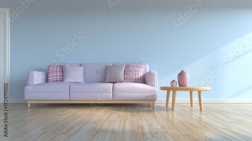 Minimalist Light Blue Living Room Sofa with Pink Cushions and Wooden Side Table