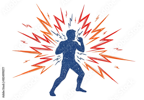 Silhouette of a fighter figure surrounded by red and orange lightninglike bursts