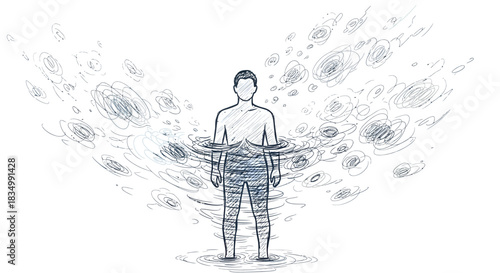 Sketch of a figure standing in swirling water surrounded by chaotic circular scribbles