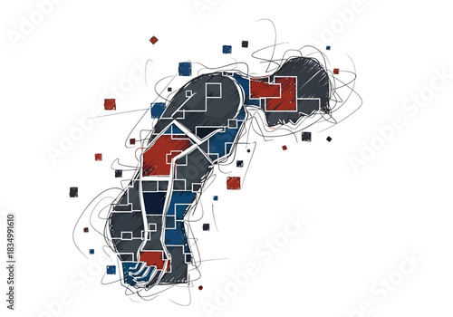 Stylized figure bent over composed of dark red and blue textured squares