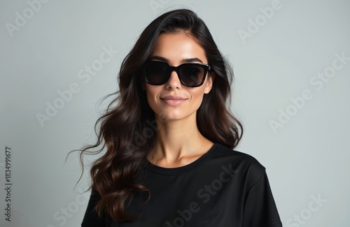 Wallpaper Mural Beautiful young brunette woman wears sunglasses and black shirt. Female model with long dark hair smiles in studio. She looks stylish and fashionable with trendy eyewear. Torontodigital.ca