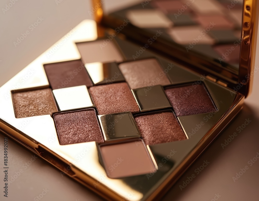 Fototapeta premium Golden eyeshadow palette with neutral matte and shimmer shades. Includes various browns and mocha tones for versatile eye looks. Perfect for everyday or glam makeup.