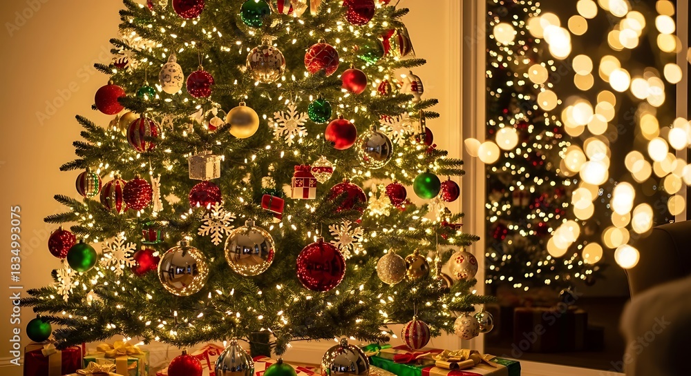 Fototapeta premium Decorated evergreen tree glows with warm lights and festive ornaments.