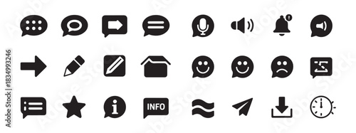 Chat and user interface icons set. microphone, volume, bell, arrow, edit, inbox, smiley, sad, info, send, download, clock
