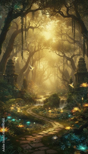 Enchanted Forest Path With Sunlight Filtering Through Trees