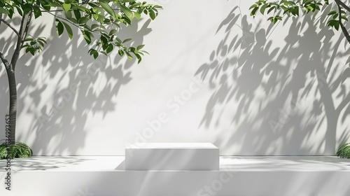 Minimalist White Platform with Shadowed Green Trees in Bright Outdoor Space