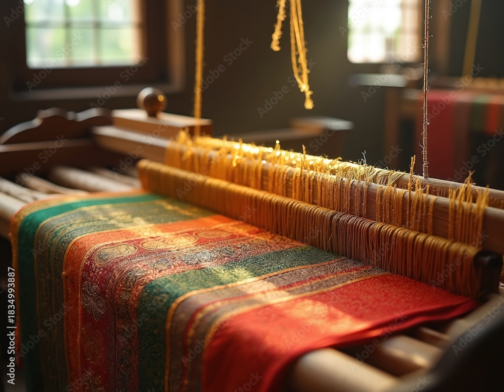 Fototapeta premium Old wooden loom with colorful silk fabric being woven. Intricate patterns form golden threads on the material. Craftsmanship in artisan workshop.