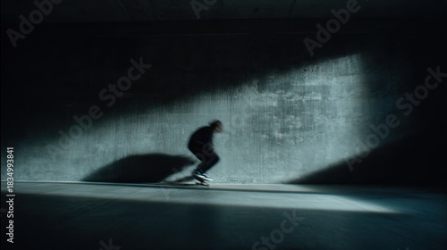 Skateboarder in Dimly Lit Concrete Space